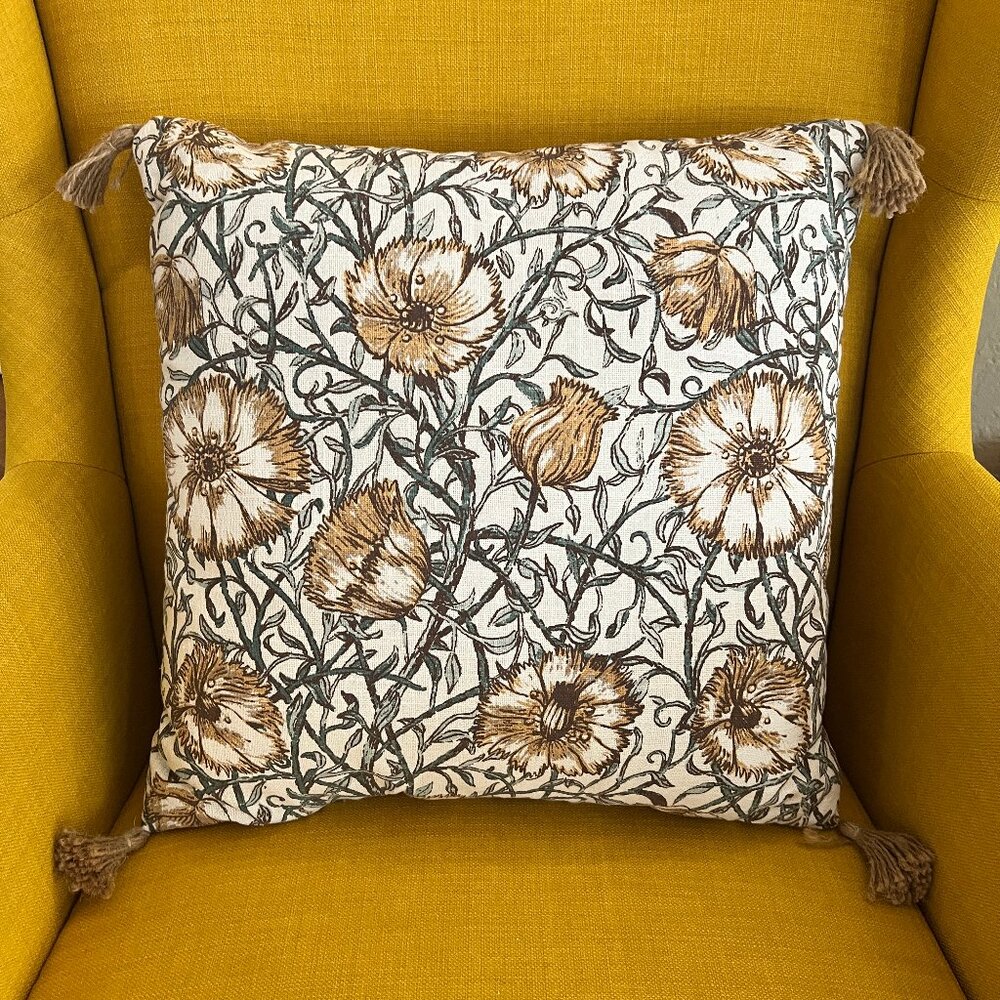 Fall Flower Green, Cream & Brown/Gold 18x18 Pillow with Tassels